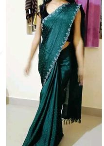 New  Green Saree With Attached Blouse Piece