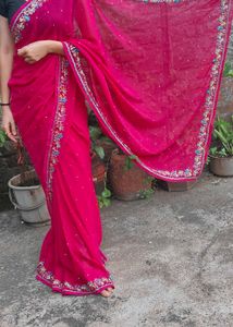 Pink colour hend work saree