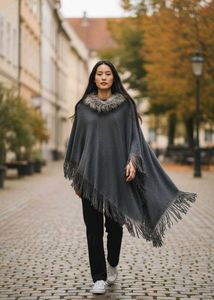 Unisex ⚫Fringed Poncho with Faux Fur Collar