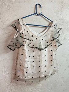 Trendy Polka Dot Ruffle Crop Top Layered Cream