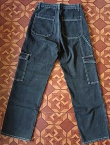 Contrast Stitch Wide Leg Cargo Jeans