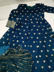 Teal Flore Length Gown With Pant N Dupatta
