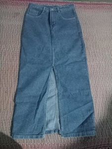 Blue Denim Front Slit Skirt