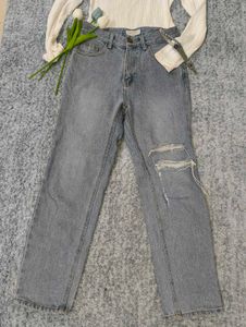 Blue Ribbed Straight Jeans