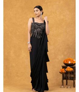 Elegant Black Ruffle Saree 🖤✨