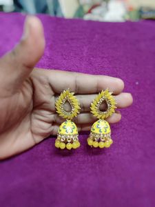 Party Wear Yellow Jumka Ear Rings