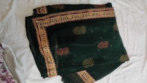Emerald Green Saree with Rich Gold Zari Border - N