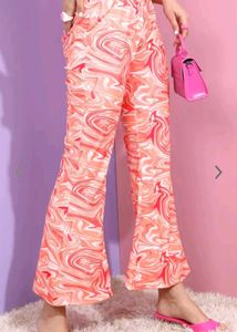 Coral Abstract Printed Flare Trousers