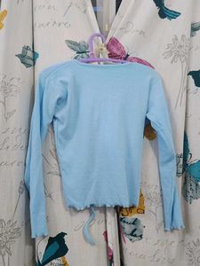 Blue Knit Open Cardigan / Shrug With Front Tie Up