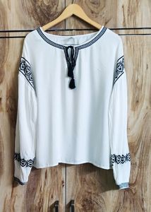 Boho Embroidered Tassel Blouse