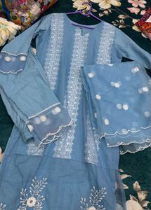 Elegant Blue Embroidered suit set organza dupatta