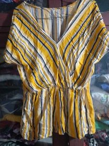 Striped V-Neck Blouson Top