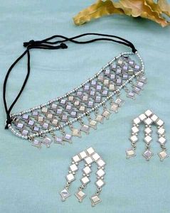 oxidised multilayered mirror choker necklace set
