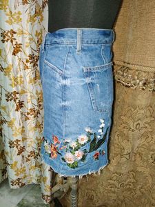 Floral Embroidered Denim Mini Skirt