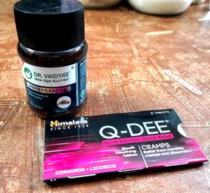 Two Ayurveda Medicines Dr. Vaidya's Ashwagandha Boosts Immunity and Relieves Stress And Himalaya Q-Dee Cramps Relief