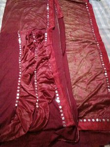 Maroon Frill Sari With Mirror Work