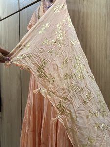 peach gown with cowl and attached drape