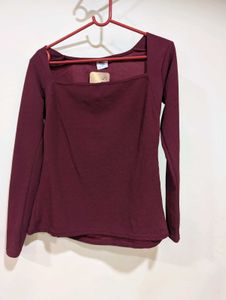 Burgundy Square Neck Long Sleeve Top