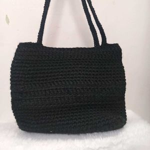 Handmade Black Crochet Tote Bag with Pink Bow❤️