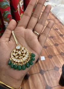 Silver Maang Tikka with Green Beads