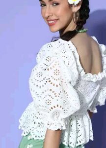 White Schiffli Peplum Coquette Top