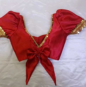 Satin Padded Lace Work Puff Sleeve Blouse