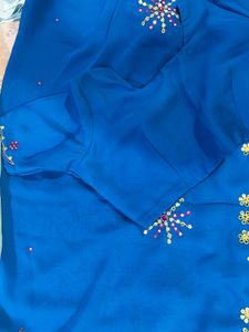 Blue Floral Mirror Work Saree with Blouse