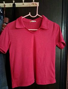 Rose Pink Ribbed Polo-neck Crop Top