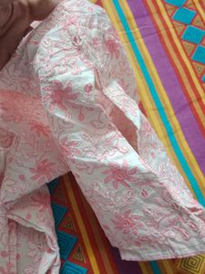 White And Pink Thick Cotton Colour Kurti