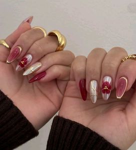 Maroon Flower Gold Press On Nails