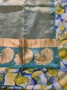 Cream And Blue Pure Silk Saree