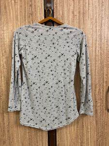 Grey Bird Print Long Sleeve Henley Top – S