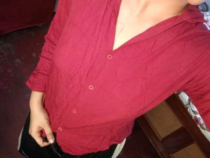Maroon Roll-Tab Sleeve Blouse