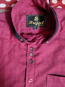 Maroon Band Collar Button-Up Shirt