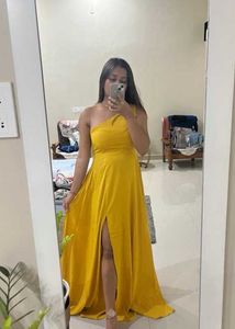 Yellow One-Shoulder Slit Dress