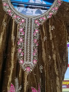 Elegant Brown Embroidered velvet Kurta Set
