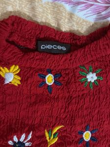 Red Embroidered Off-Shoulder Dress
