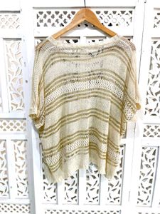 Boho Chic Beige &amp; Gold Stripes Knit Top C