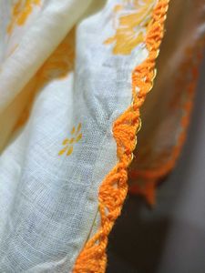 Yellow Dupatta With Orange Crochet Work on Borders