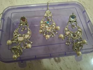 Silver Kundan &amp; Pearl Indian Jewelry Set