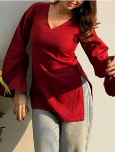 Maroon V-Neck Top with Long Sleeves