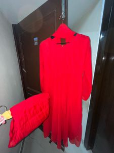 Red Anarkali Kurti Set With Dupatta