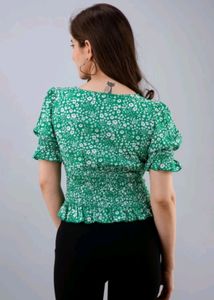Puff Sleeves Floral Print Women Light Green Top