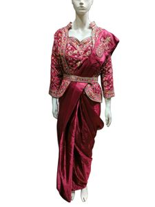 Burgundy Embroidered Saree with Jacket