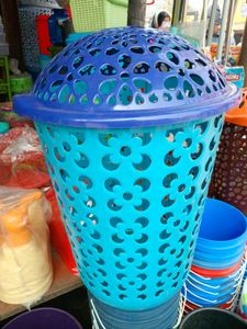 Green Plastic Laundry Basket with Blue Lid