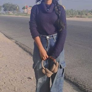 Blue Knit Turtleneck Sweater