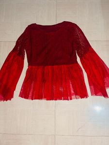 Elegant Red Lace &amp; Net Flared Top
