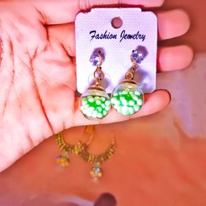 Combo Of Green Jhumka Bali With Rainbow Purl Studd