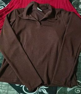 Brown Ribbed Polo Top