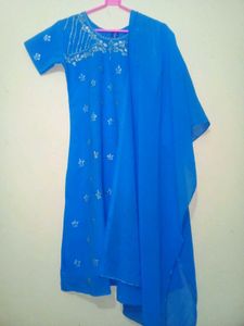 Womens Festive Wear Blue Kurti With Pyjama Pant.